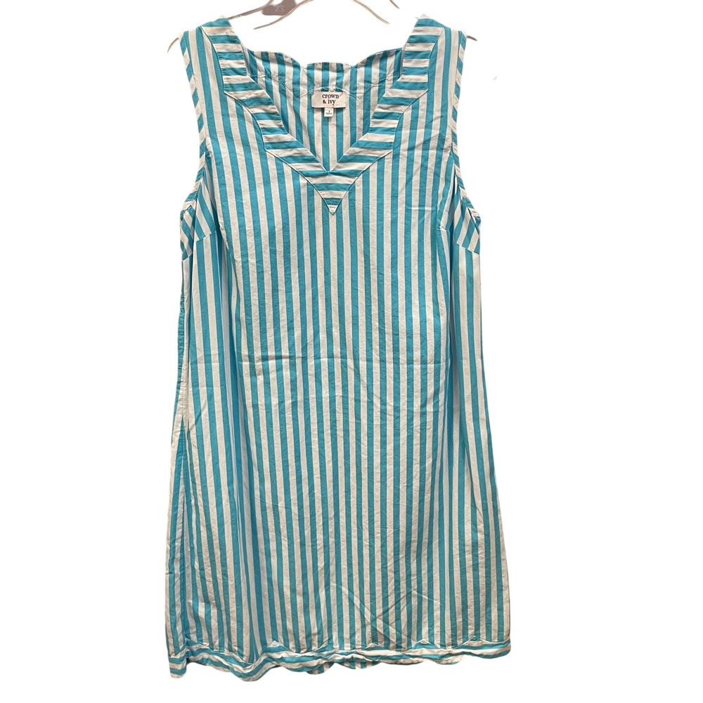 Crown & Ivy Women's Size 2 Blue White Striped V-Neck‎ Sleeveless Cotton Dress